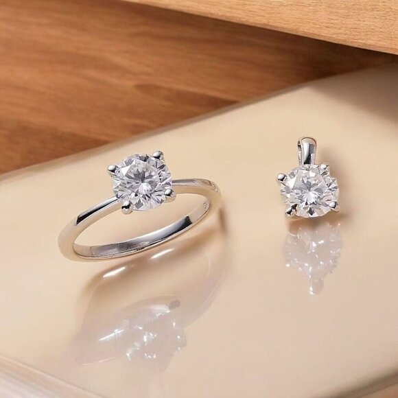 Hand Crafted Jewelry - Artisan ✦ Moissanite Ring & Pendant Set ✦ 1.90ctw Rhodium Over Sterling Size 5